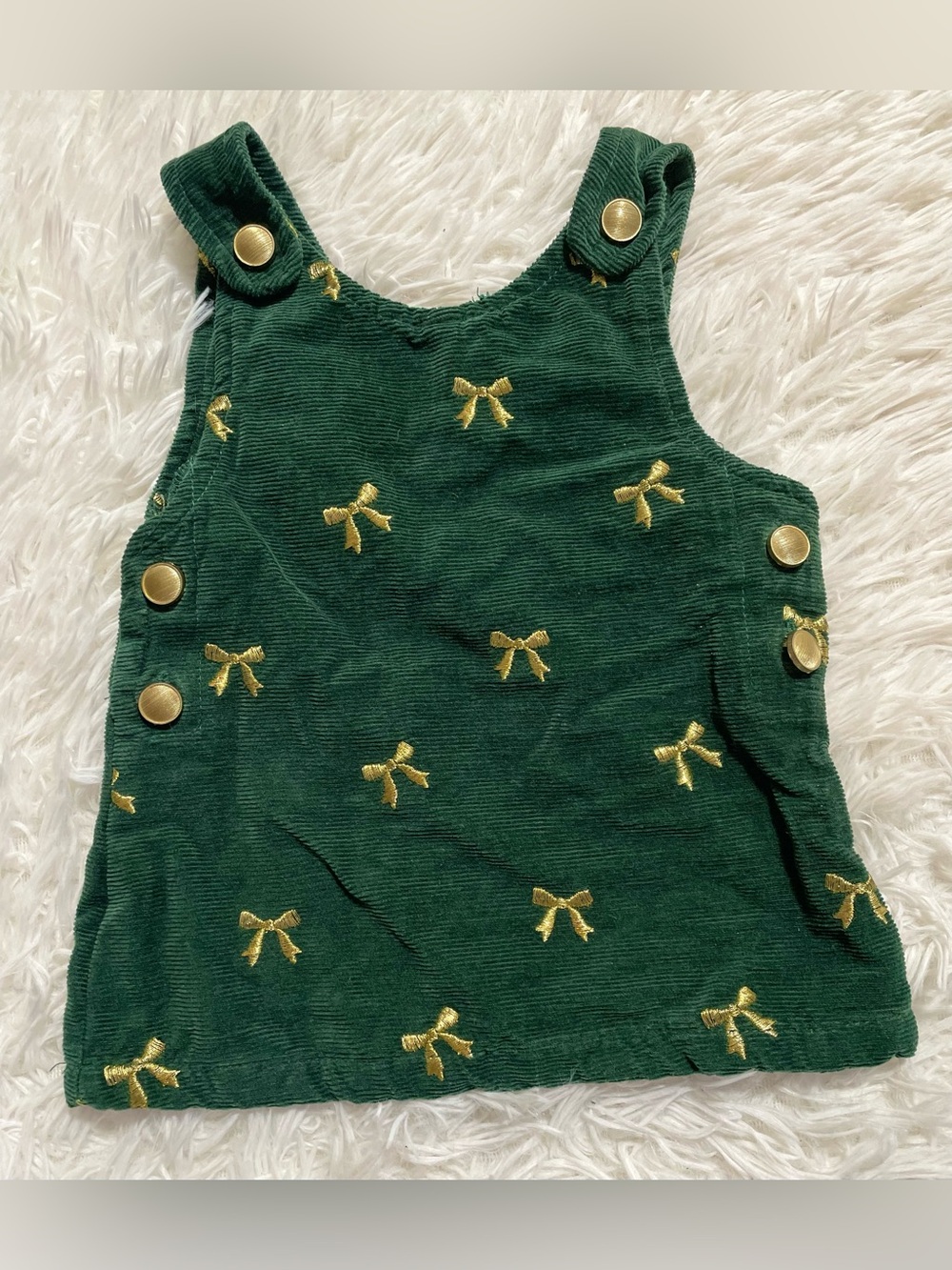 Nicole Miller Holiday Preppy Gold Bow Button Corduroy Dress Green Baby Girl 3-6M